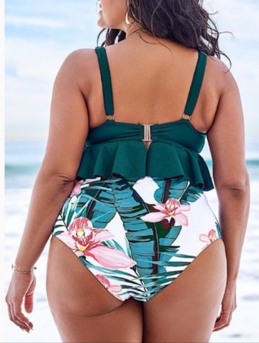 NWT Cupshe High Waisted Green and Floral Ruffled Bikini - Picture 2 of 12